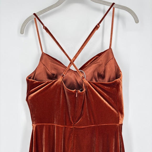 Revelry Billie Velvet Maxi Dress Sz 6 Rust Button High Slit Spaghetti Strap - Picture 9 of 14